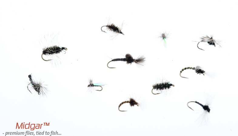 Midges. A category of flies that scientists have claimed is the most important thing of all trout food. In our selection of midge-patterns, you will find a variety of emergers, adults and spent patterns, all which are tested to work in streams and lakes. In most cases our flies are tied on wide-gap hooks that will set the small hook in the jaw of the fish more easily.